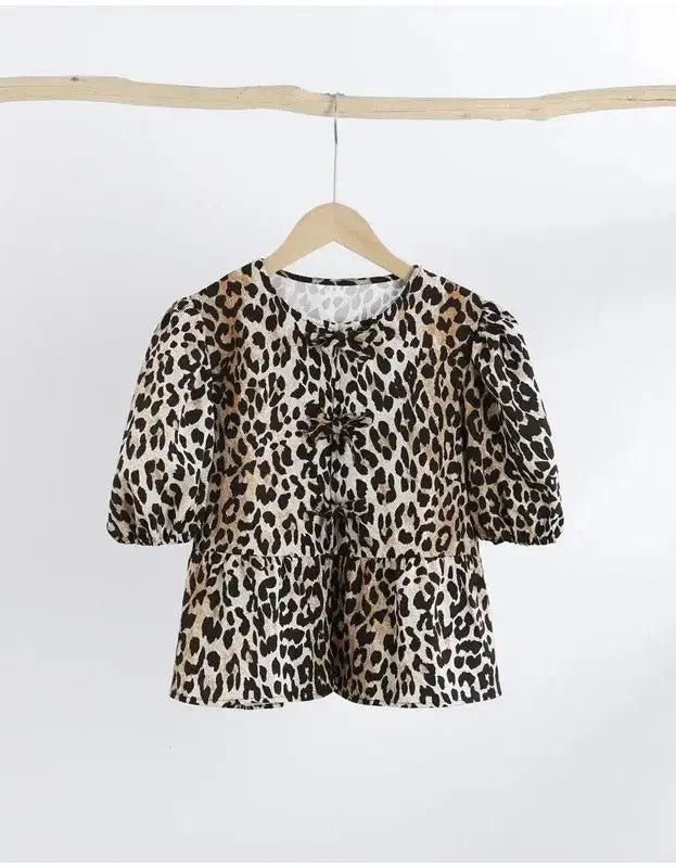 Leopardprint bluse med puffermer