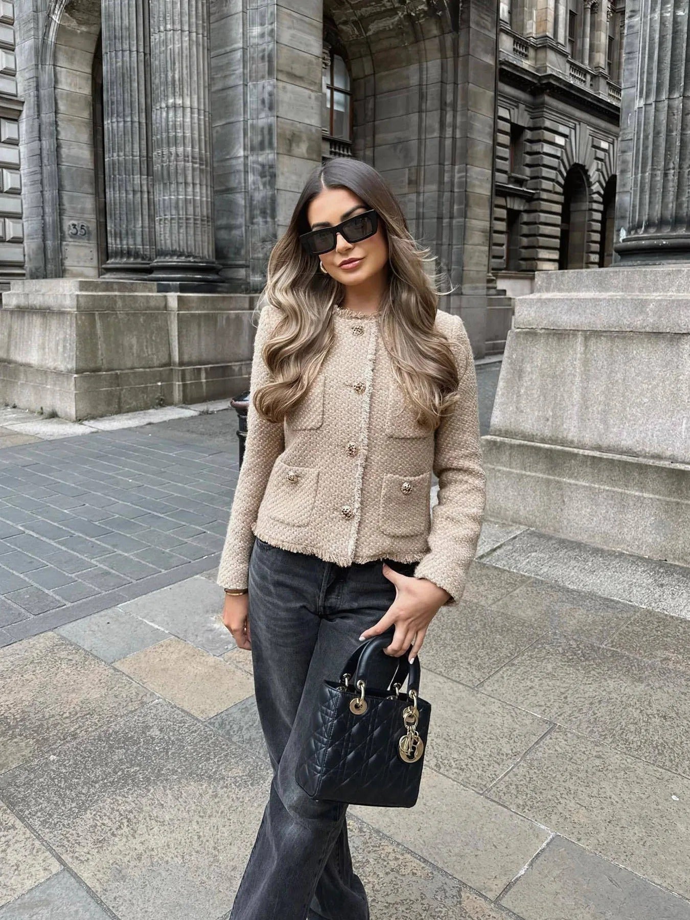 Tweed cropped jakke for kvinner