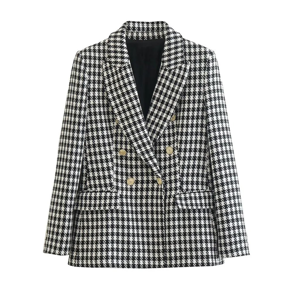 Dobbeltradet houndstooth-blazer for dame