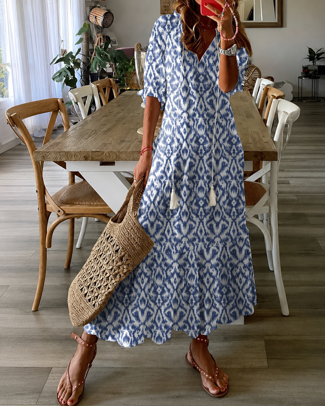 Maxi Kjole Dame Bohemisk Stil med Etnisk Trykk
