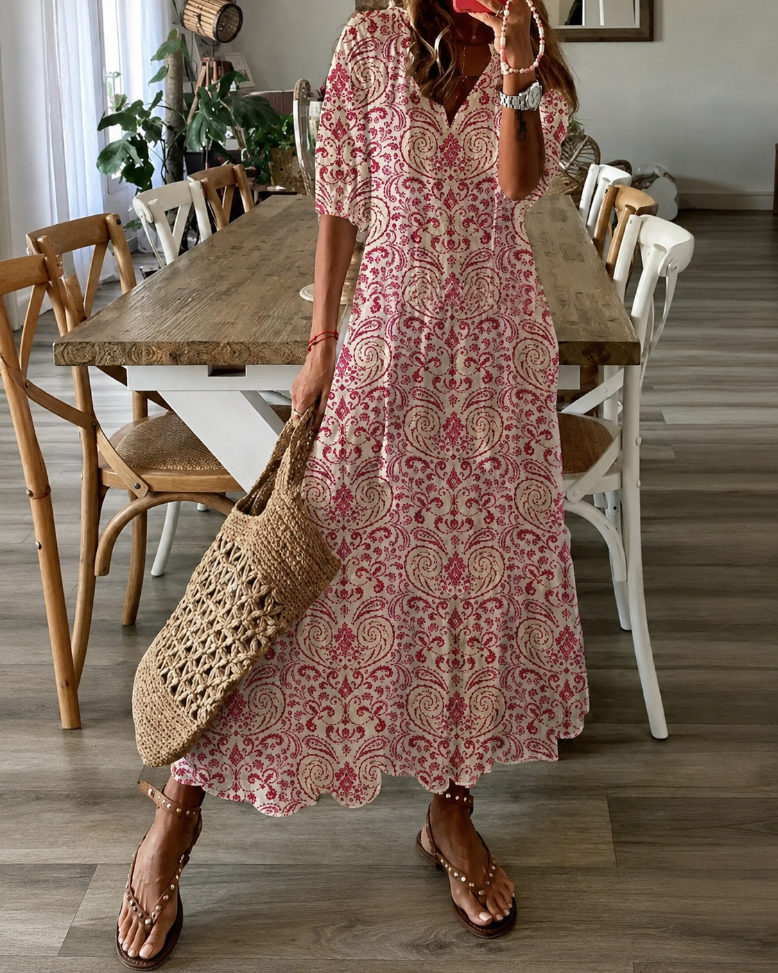 Maxi Kjole Dame Bohemisk Stil med Etnisk Trykk