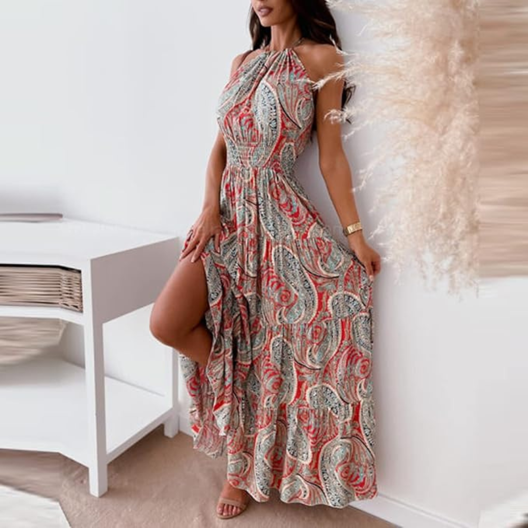 Vintage halterkjole med boho-trykk for kvinner