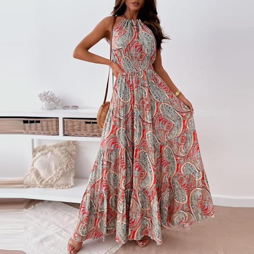 Vintage halterkjole med boho-trykk for kvinner
