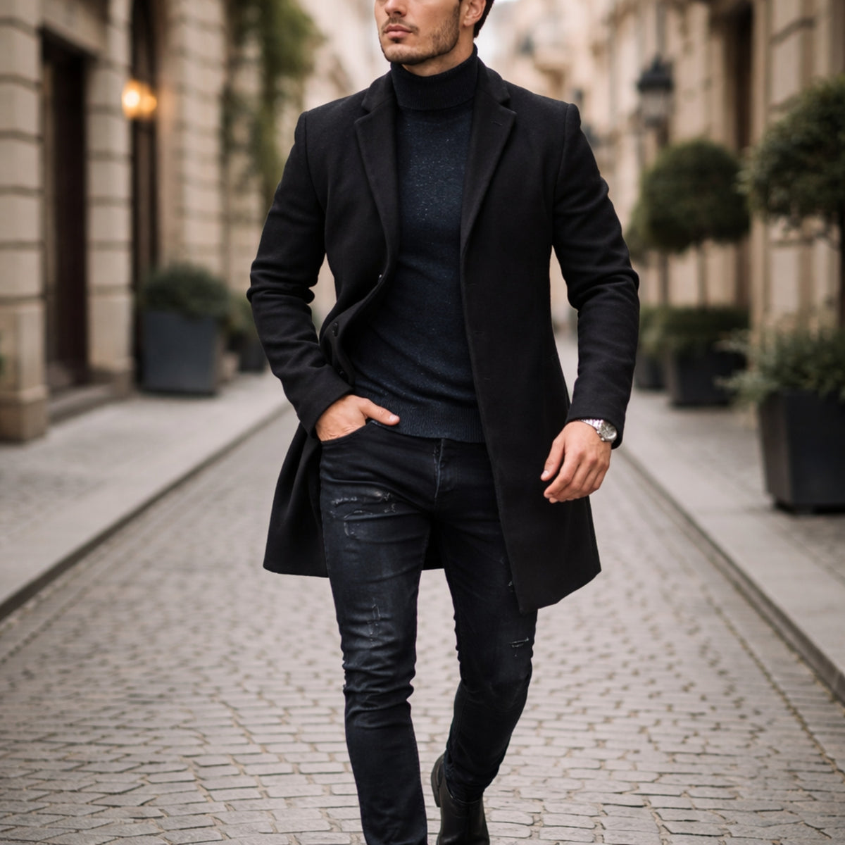 Menns Vinterjakke Med Enkelt Knappestolpe