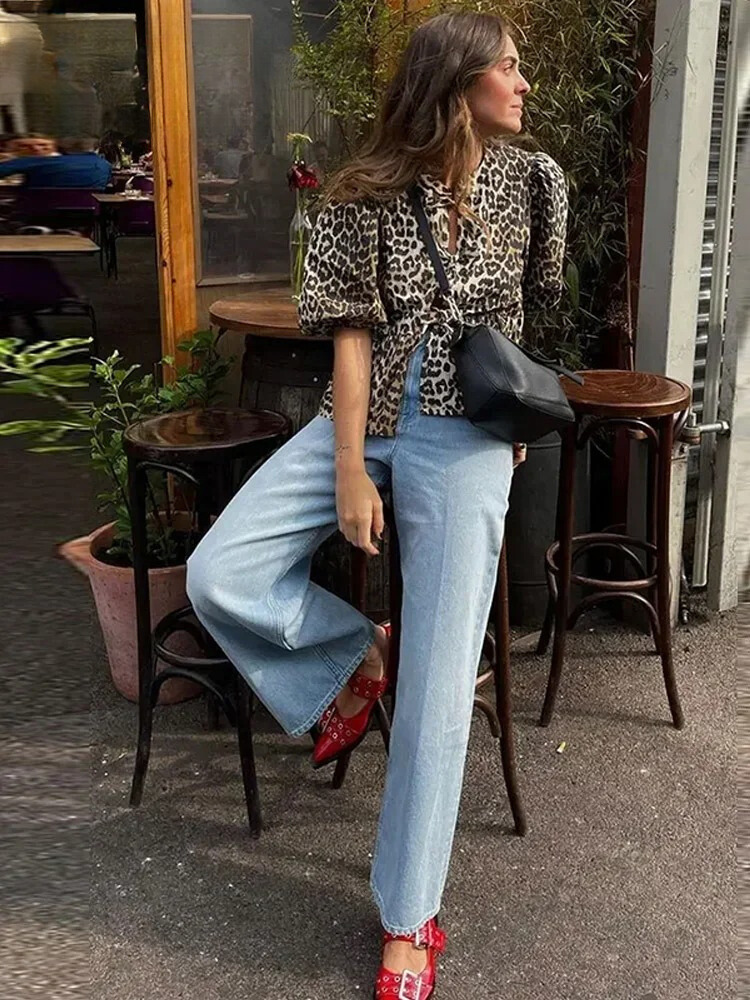 Leopardprint bluse med puffermer