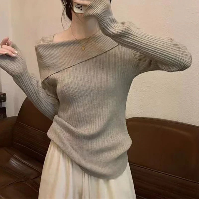 Off Shoulder strikket genser for kvinner