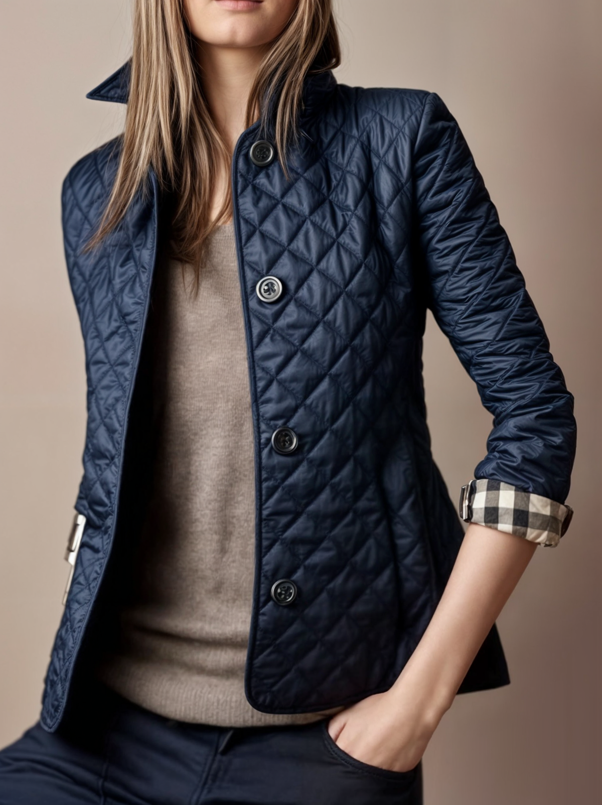 Kviltert jakke med turn-down krage for kvinner