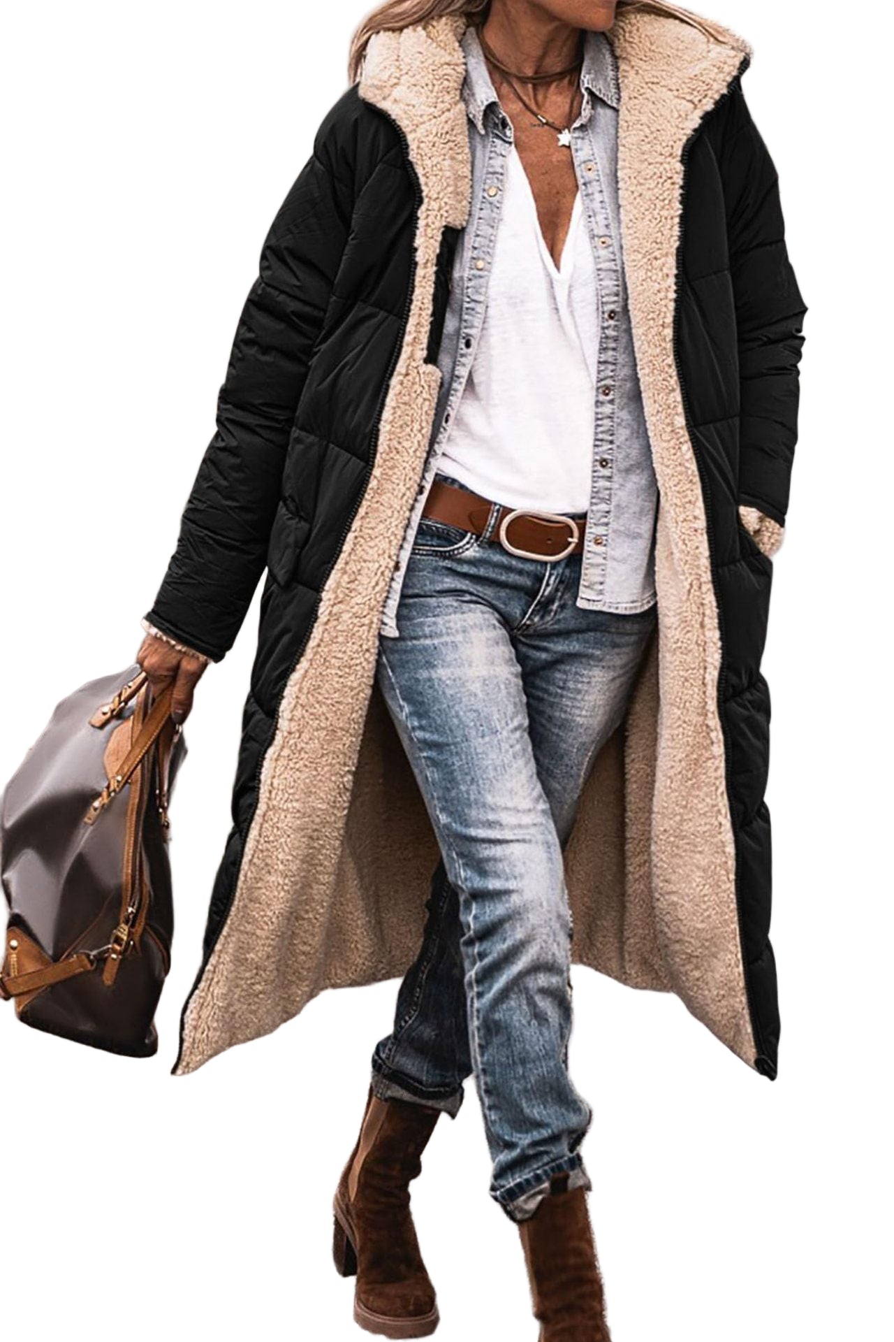 Variant image for Dame Puffer Jakke Grå Lang Med Pelsfor Polyester-1