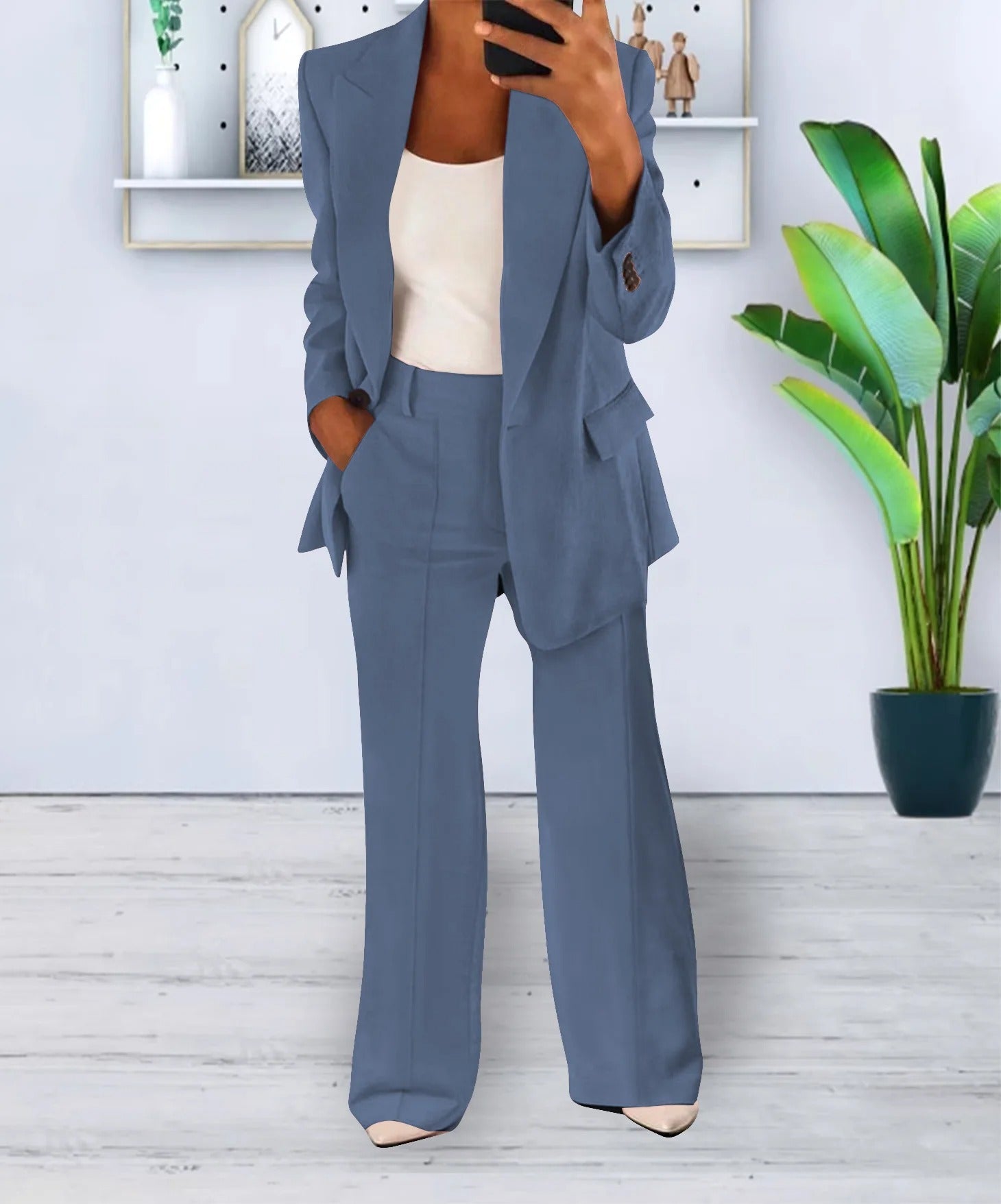 Variant image for Dame Sæt Grå Blazer og Vidde Bukser Elegant Polyester-1