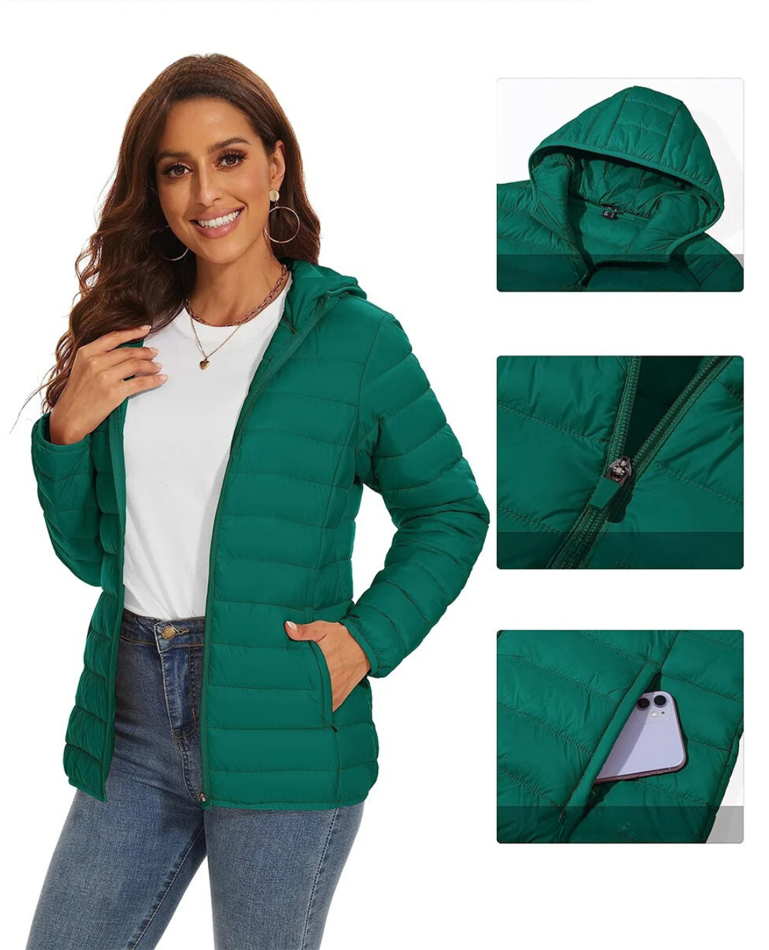 Lett pufferjakke med hette for kvinner