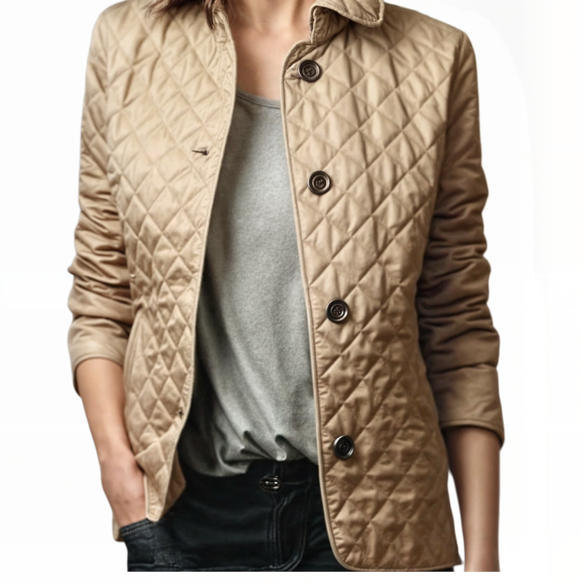 Kviltert jakke med turn-down krage for kvinner