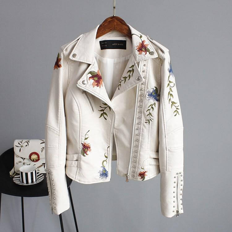 Blomsterprint broderi Kunstskinnjakke