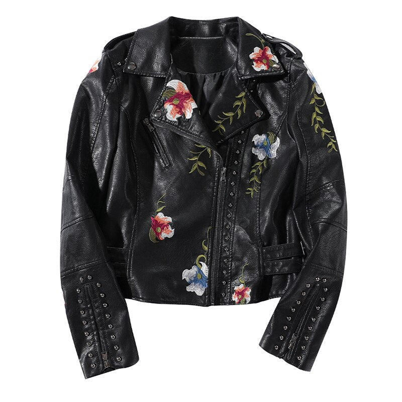 Blomsterprint broderi skinnjakke